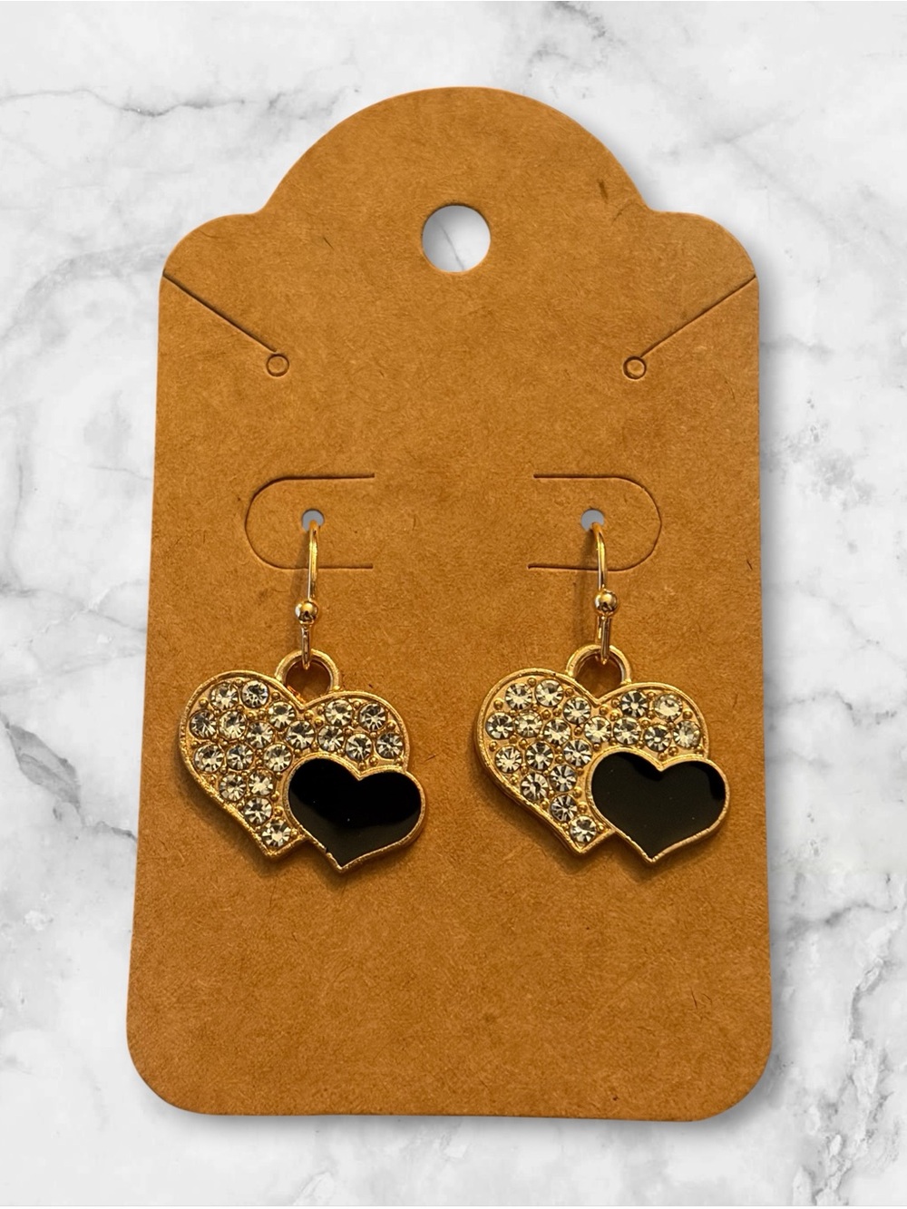 Gold Heart Drop Earrings with Black Accent